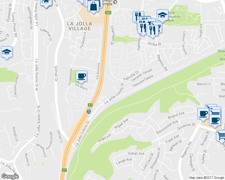 map of restaurants, bars, coffee shops, grocery stores, and more near 4055 Porte La Paz in San Diego