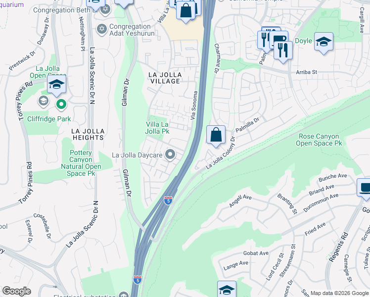 map of restaurants, bars, coffee shops, grocery stores, and more near 3276 Via Marin in San Diego