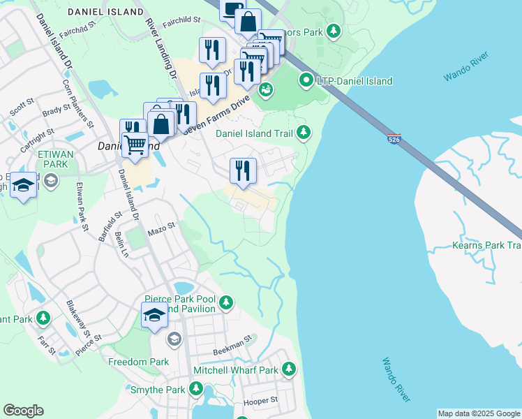 map of restaurants, bars, coffee shops, grocery stores, and more near 101 River Landing Drive in Charleston