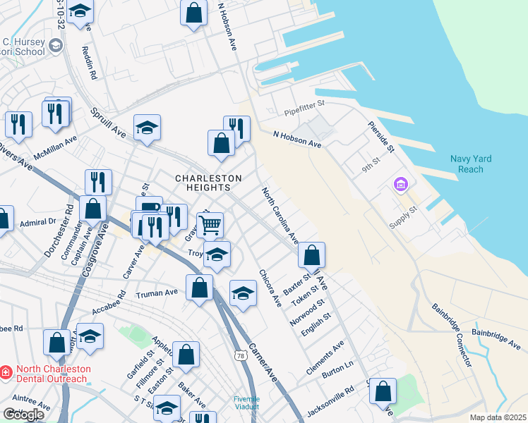 map of restaurants, bars, coffee shops, grocery stores, and more near 1826 Success Street in North Charleston