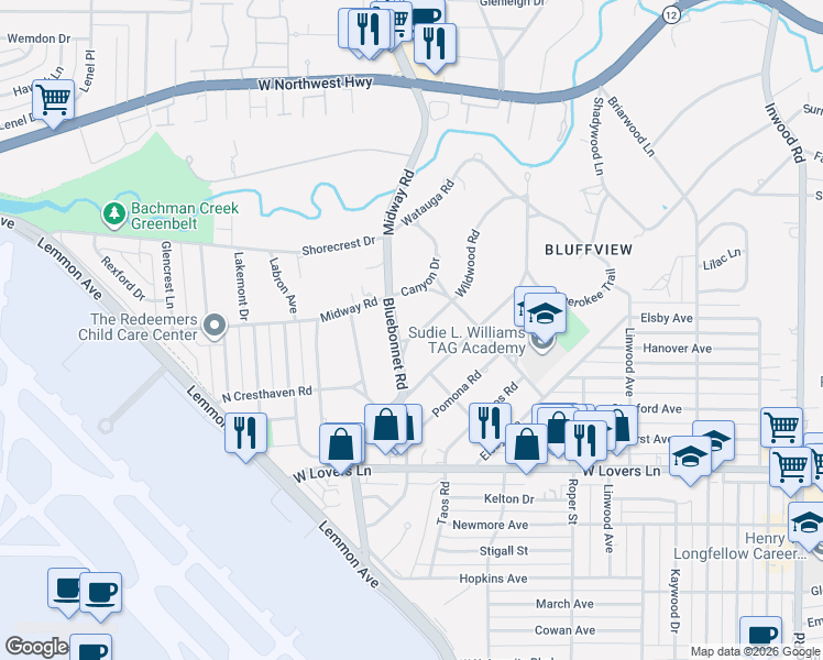 map of restaurants, bars, coffee shops, grocery stores, and more near 8510 Blue Bonnet Road in Dallas
