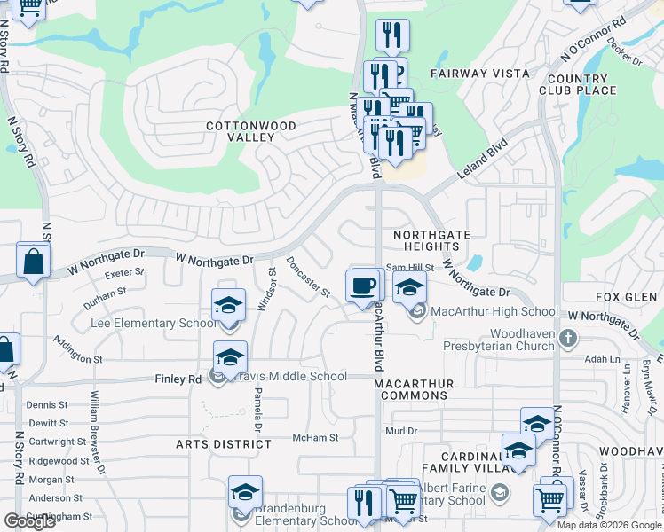 map of restaurants, bars, coffee shops, grocery stores, and more near 1210 West Farnham Court in Irving