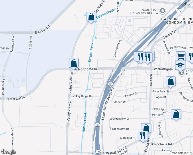 map of restaurants, bars, coffee shops, grocery stores, and more near 4610 West Northgate Drive in Irving