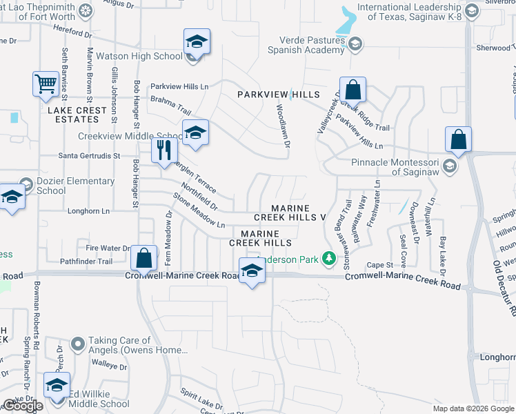 map of restaurants, bars, coffee shops, grocery stores, and more near 6509 Manitoba Street in Fort Worth
