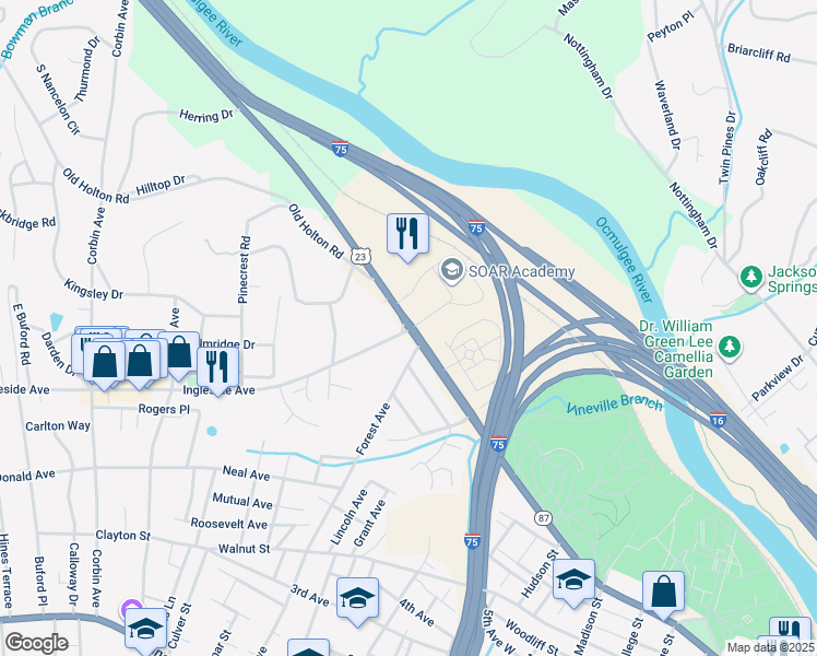 map of restaurants, bars, coffee shops, grocery stores, and more near 2004 Riverside Drive in Macon