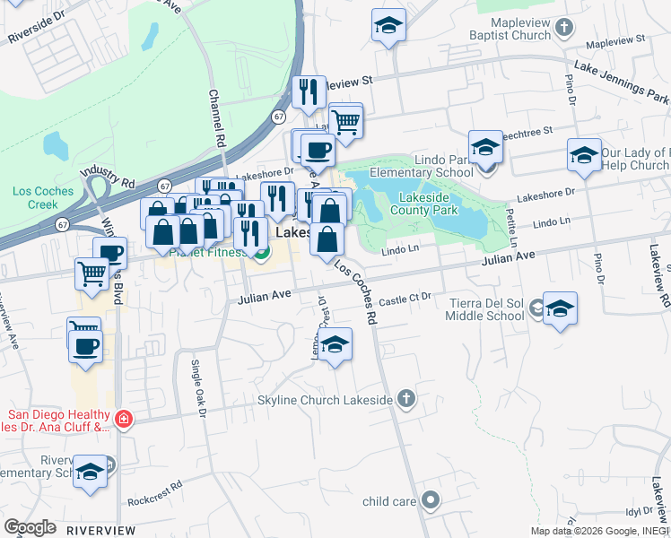 map of restaurants, bars, coffee shops, grocery stores, and more near 9742 Los Coches Road in Lakeside