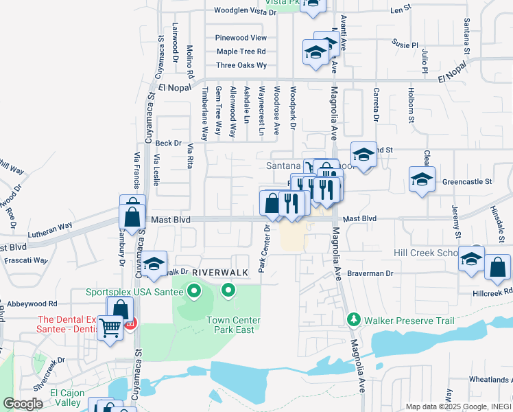 map of restaurants, bars, coffee shops, grocery stores, and more near 100 Caspi Gardens Drive in Santee