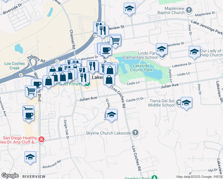 map of restaurants, bars, coffee shops, grocery stores, and more near 9742 Los Coches Road in Lakeside