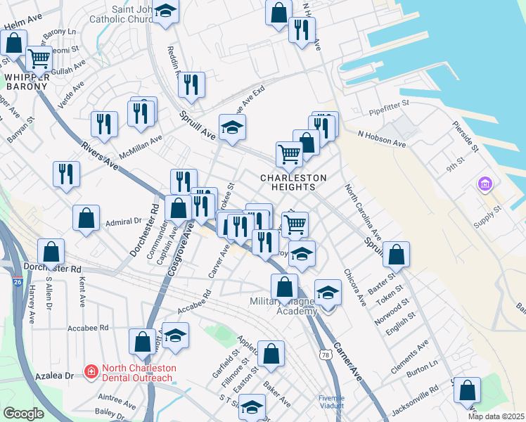 map of restaurants, bars, coffee shops, grocery stores, and more near 3303 Ottawa Avenue in North Charleston