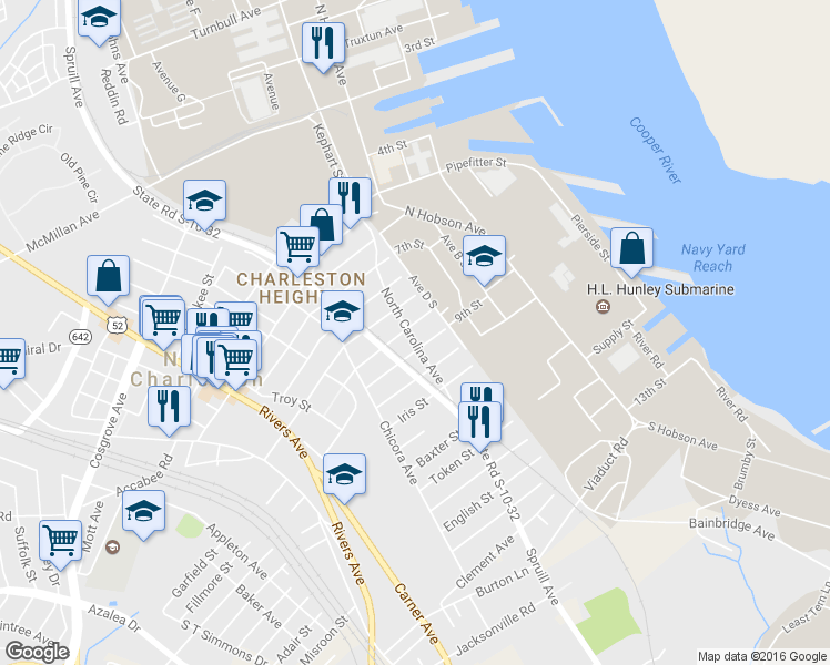 map of restaurants, bars, coffee shops, grocery stores, and more near 1815 Carlton Street in North Charleston