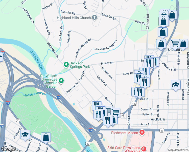 map of restaurants, bars, coffee shops, grocery stores, and more near 920 Laurel Avenue in Macon