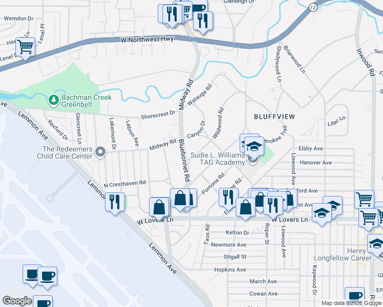 map of restaurants, bars, coffee shops, grocery stores, and more near 8510 Blue Bonnet Road in Dallas