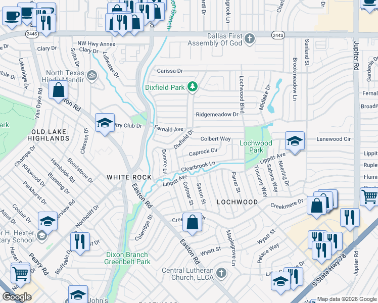 map of restaurants, bars, coffee shops, grocery stores, and more near 10817 Caprock Circle in Dallas