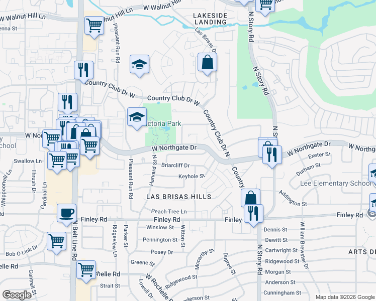 map of restaurants, bars, coffee shops, grocery stores, and more near 2521 Chevy Chase Drive in Irving
