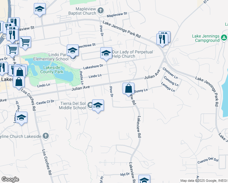 map of restaurants, bars, coffee shops, grocery stores, and more near 13135 Julian Avenue in Lakeside
