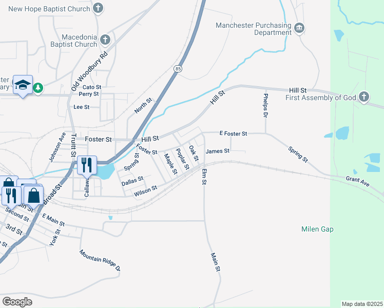 map of restaurants, bars, coffee shops, grocery stores, and more near 12 Oak Street in Manchester