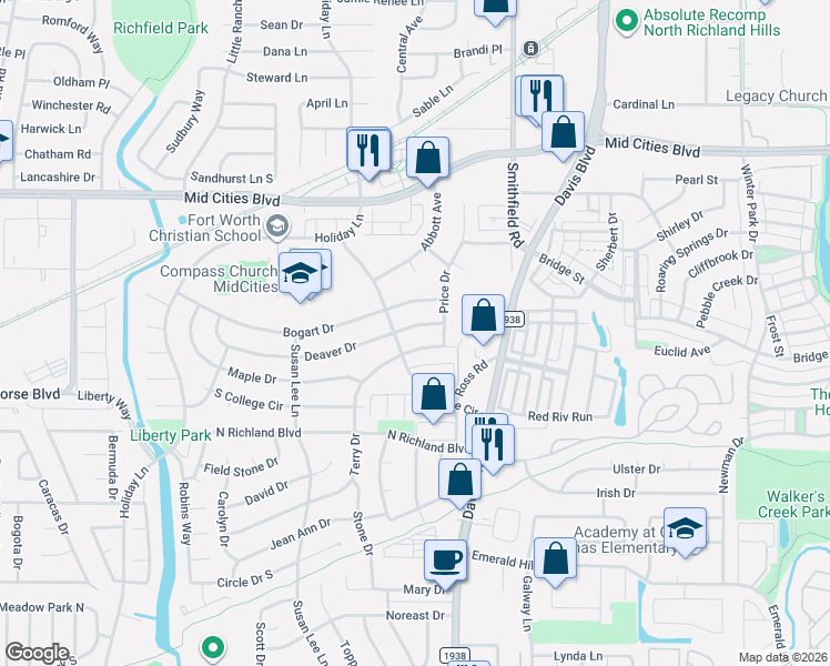map of restaurants, bars, coffee shops, grocery stores, and more near 7701 Deaver Drive in Fort Worth