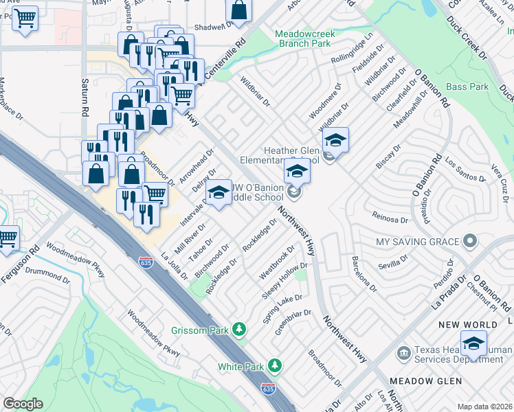 map of restaurants, bars, coffee shops, grocery stores, and more near 805 Brookshire Circle in Garland