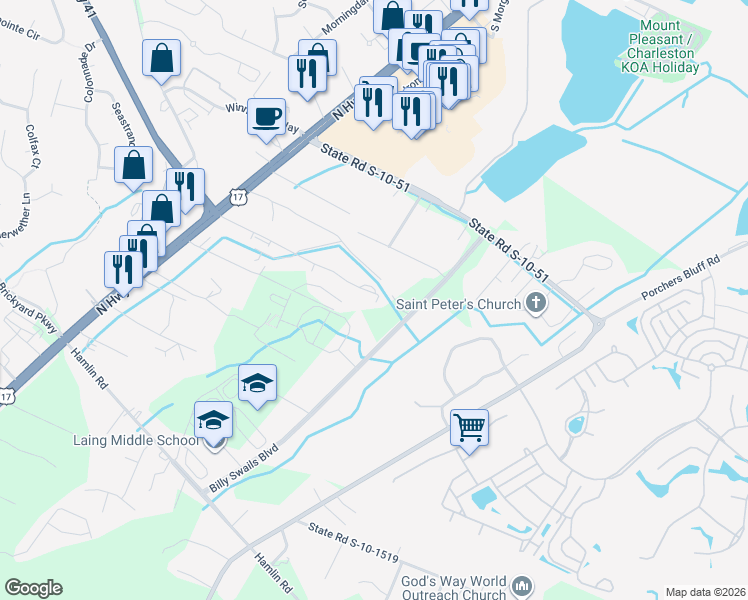 map of restaurants, bars, coffee shops, grocery stores, and more near 1264 Dingle Road in Mount Pleasant