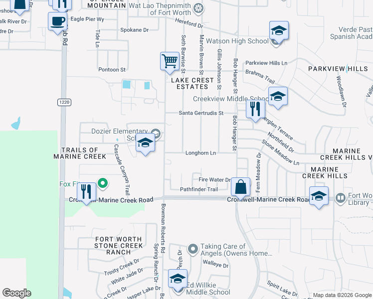 map of restaurants, bars, coffee shops, grocery stores, and more near 6504 Seth Barwise Street in Fort Worth