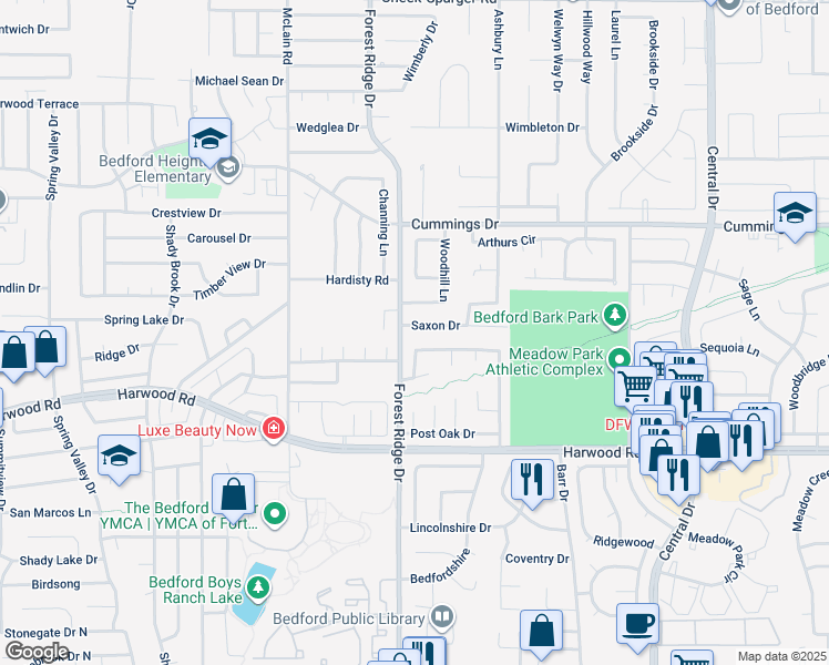 map of restaurants, bars, coffee shops, grocery stores, and more near 1604 Saxon Drive in Bedford