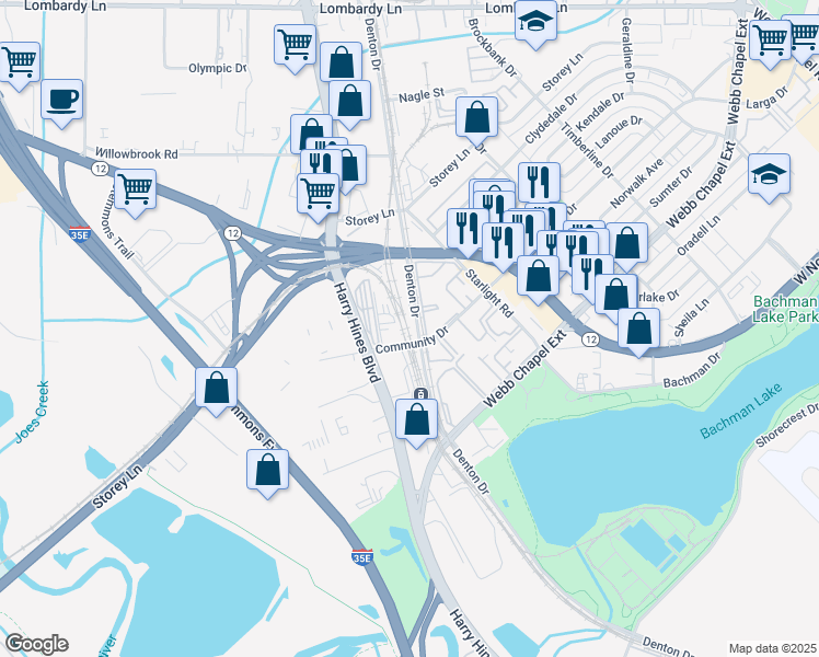 map of restaurants, bars, coffee shops, grocery stores, and more near 9809 Denton Drive in Dallas