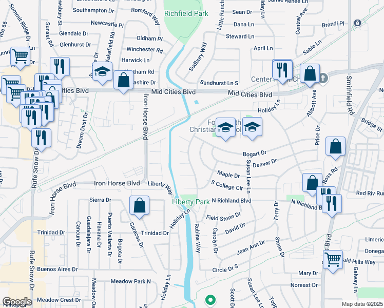 map of restaurants, bars, coffee shops, grocery stores, and more near 6052 Holiday Lane in Fort Worth