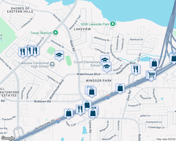 map of restaurants, bars, coffee shops, grocery stores, and more near 4034 Wiltshire Drive in Garland