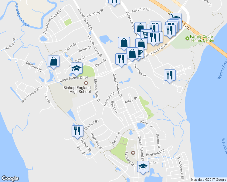 map of restaurants, bars, coffee shops, grocery stores, and more near 1079 Barfield Street in Charleston