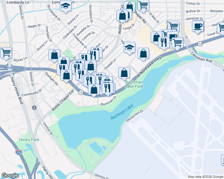 map of restaurants, bars, coffee shops, grocery stores, and more near 3211 West Northwest Highway in Dallas
