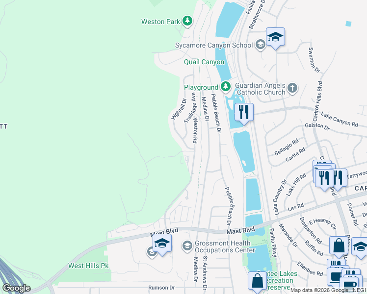 map of restaurants, bars, coffee shops, grocery stores, and more near 8830 Hightail Drive in Santee