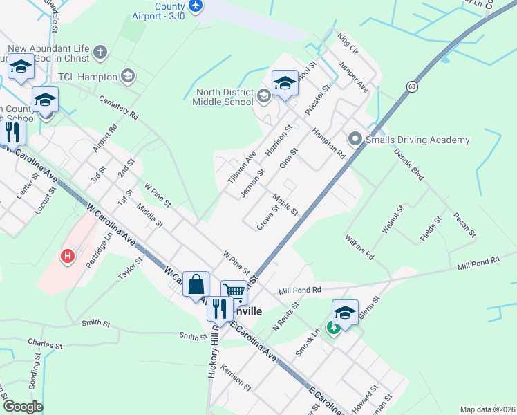 map of restaurants, bars, coffee shops, grocery stores, and more near 416 County Road S-25-722 in Varnville