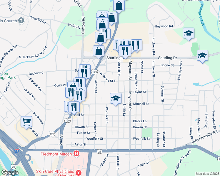map of restaurants, bars, coffee shops, grocery stores, and more near 1131 Turner Way in Macon