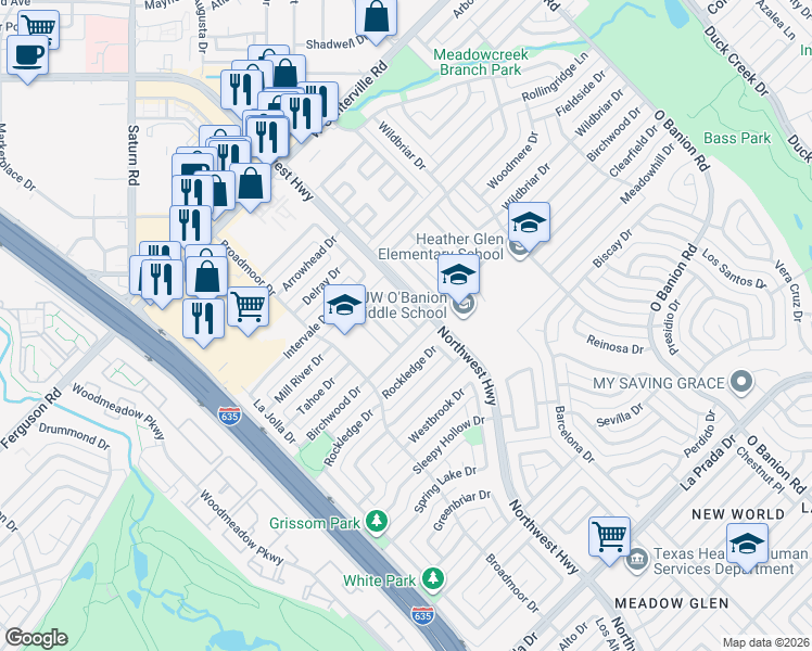 map of restaurants, bars, coffee shops, grocery stores, and more near 805 Brookshire Circle in Garland