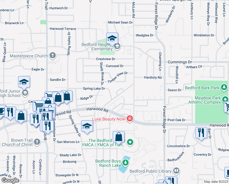 map of restaurants, bars, coffee shops, grocery stores, and more near 1109 Wildwood Cir in Bedford