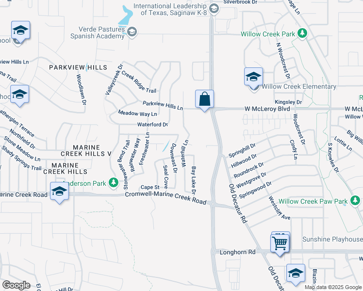 map of restaurants, bars, coffee shops, grocery stores, and more near 6517 Waterhill Lane in Fort Worth