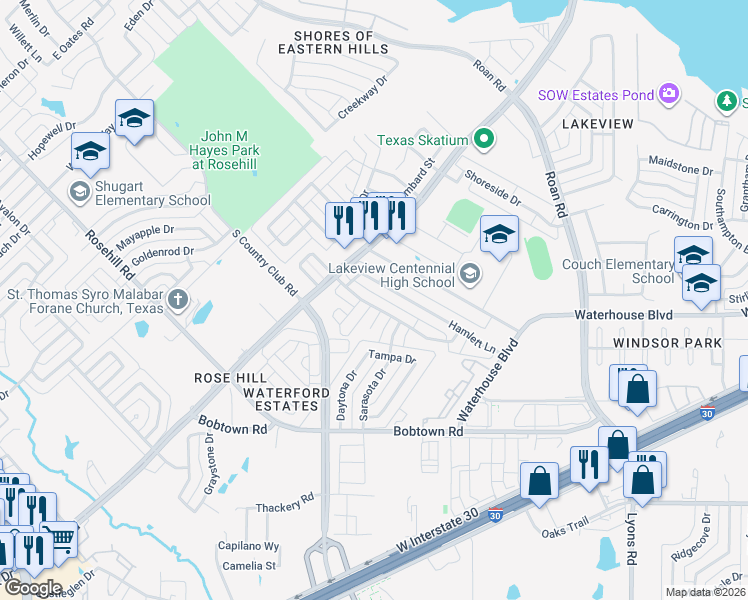 map of restaurants, bars, coffee shops, grocery stores, and more near 3101 Capstone Ln in Garland