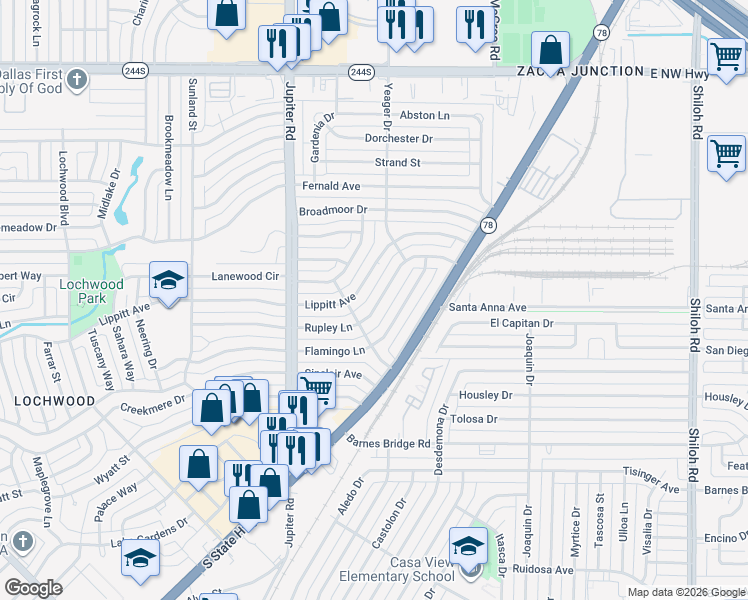 map of restaurants, bars, coffee shops, grocery stores, and more near 11629 Rupley Lane in Dallas