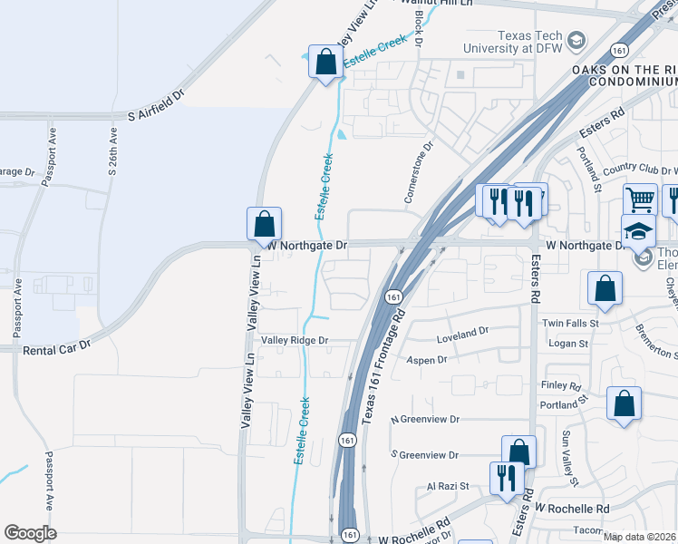 map of restaurants, bars, coffee shops, grocery stores, and more near 4608 West Northgate Drive in Irving