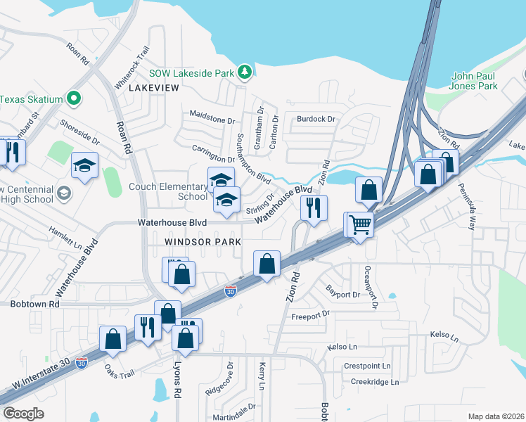map of restaurants, bars, coffee shops, grocery stores, and more near 4430 Stirling Drive in Garland