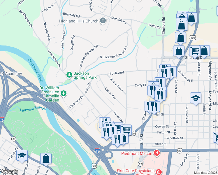 map of restaurants, bars, coffee shops, grocery stores, and more near 952 Summit Avenue in Macon
