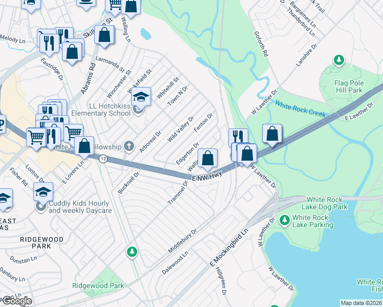map of restaurants, bars, coffee shops, grocery stores, and more near 7224 Edgerton Drive in Dallas