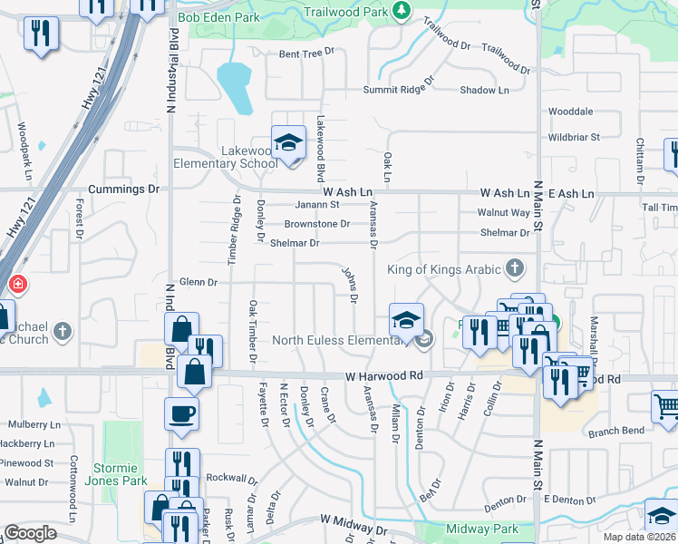 map of restaurants, bars, coffee shops, grocery stores, and more near 601 Johns Drive in Euless