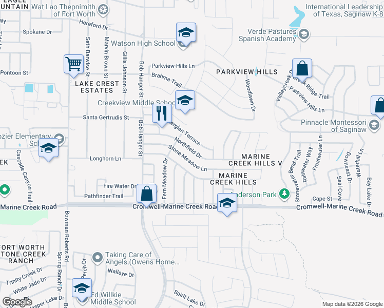 map of restaurants, bars, coffee shops, grocery stores, and more near 5629 Northfield Drive in Fort Worth
