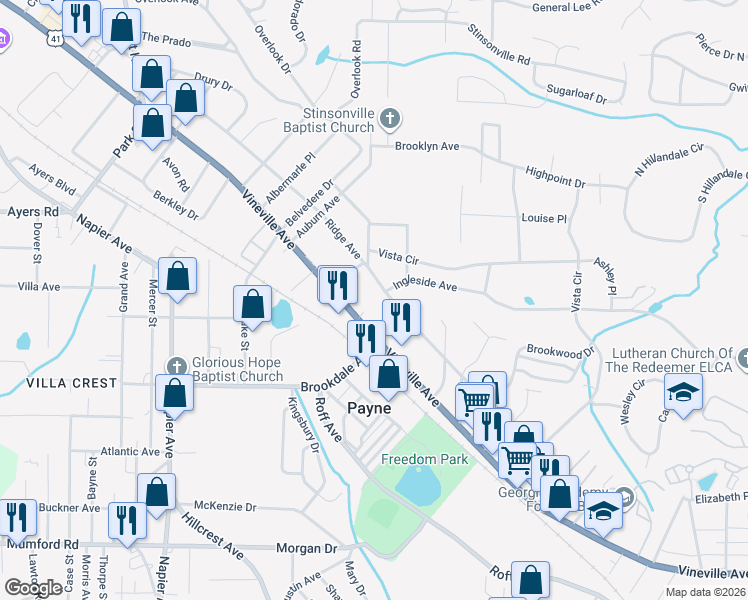 map of restaurants, bars, coffee shops, grocery stores, and more near 3336 Ridge Avenue in Macon