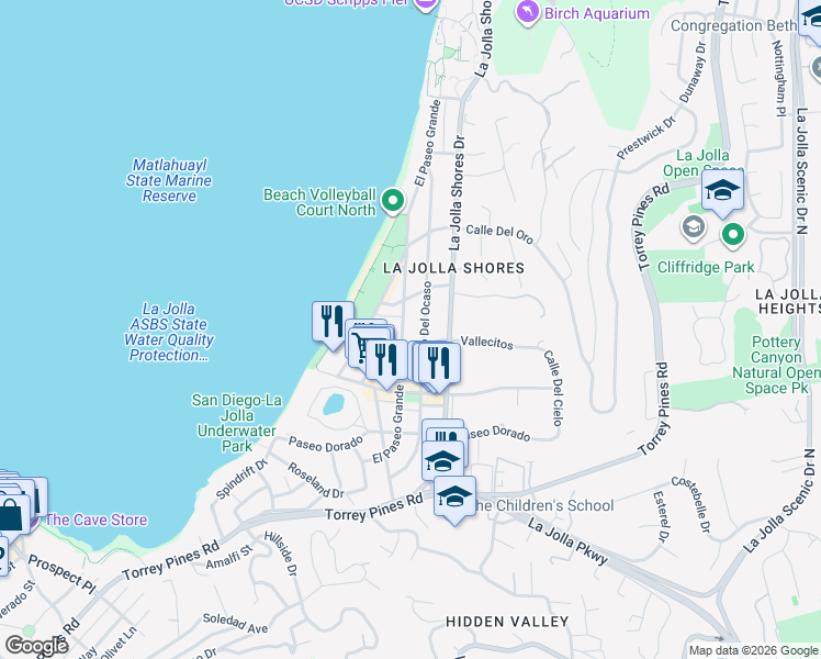 map of restaurants, bars, coffee shops, grocery stores, and more near 8229 El Paseo Grande in San Diego