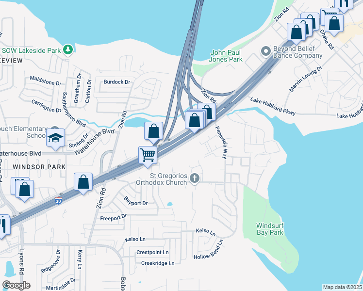 map of restaurants, bars, coffee shops, grocery stores, and more near 1018 East Interstate 30 in Garland