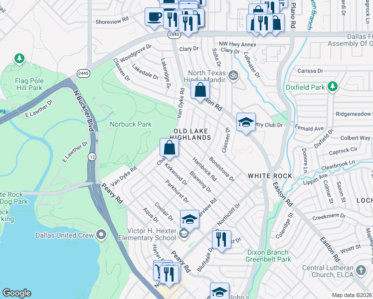 map of restaurants, bars, coffee shops, grocery stores, and more near 420 Hambrick Road in Dallas
