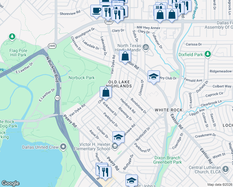 map of restaurants, bars, coffee shops, grocery stores, and more near 420 Hambrick Road in Dallas