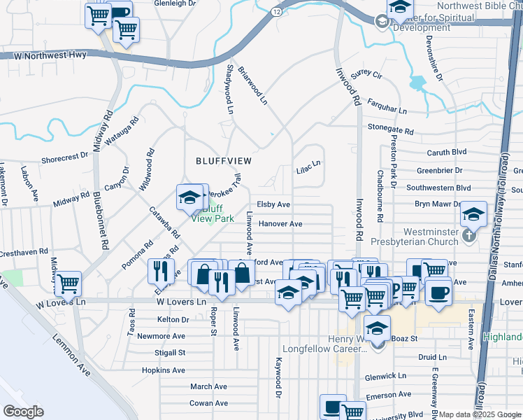 map of restaurants, bars, coffee shops, grocery stores, and more near 4906 Elsby Avenue in Dallas